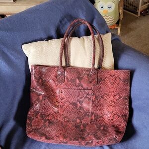 Halogen Red Snakeskin Tote Bag with Leather Handles